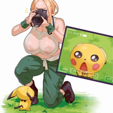 game freak, pokemon, pokemon xy, pichu, pokemon (species), viola (pokemon), ictiwinter, materclaws, :o, 1girls, 1pokemon, areolae, areolae visible through clothing, big breasts, blonde hair