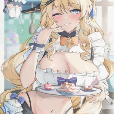 genshin impact, navia (genshin impact), paimon (genshin impact), houraku, 2girls, big breasts, blonde hair, blue eyes, blushing, bows, cake, cleavage, female, female only, frills