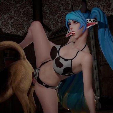 league of legends, sona buvelle, wonderice, 1girls, aqua hair, barefoot, canine, canine penis, female, long hair, sex, spread legs, twintails, vaginal penetration, zoophilia