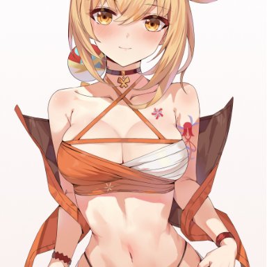 genshin impact, yoimiya (genshin impact), 1girls, blonde hair, blush, breasts, choker, cleavage, criss-cross halter, female, g-string, large breasts, looking at viewer, midriff, orange eyes