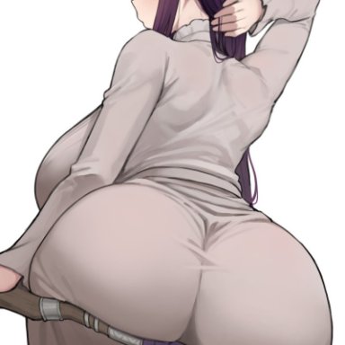 sousou no frieren, fern (sousou no frieren), nago purin, adjusting hair, arm behind head, arm up, ass, ass focus, breasts, cowboy shot, dress, female, from behind, hand up, holding