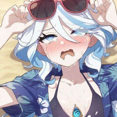 genshin impact, furina (genshin impact), ahe gao, ahoge, alternate costume, bikini, blue eyes, blue hair, blush, cum, female, fucked silly, hair over one eye, hawaiian shirt, hydro (genshin impact)