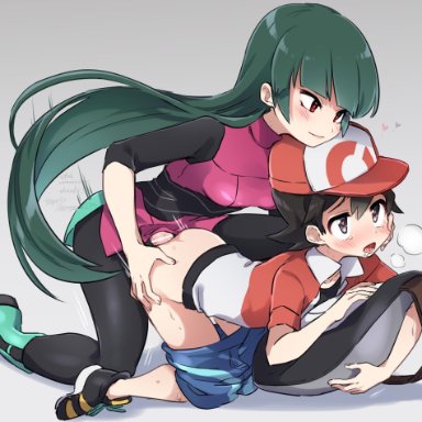 pokemon, pokemon lgpe, chase (pokemon), sabrina (pokemon), leftporygon, 1boy, 1futa, ahe gao, all fours, anal, ass, ass grab, bag, bangs, bent over