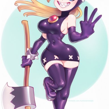 mario (series), mario tennis, wapeach, superfantoasts, supersatanson, 1girls, 5 fingers, aged up, axe, blonde hair, blue eyes, crown, holding axe, horns, human