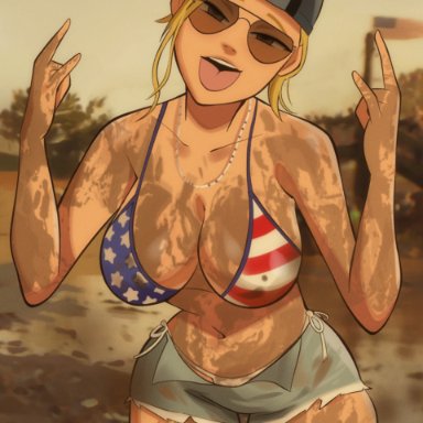 grand theft auto, grand theft auto vi, rockstar games, background character, gta pedestrians, npc, unnamed character, newguy1091, 1girls, american flag bikini, backwards baseball cap, baseball cap, belly button, big breasts, bikini