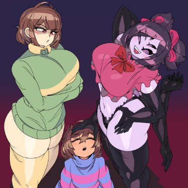 undertale, undertale (series), chara, chara (undertale), frisk (undertale), muffet, captain kirb, ambiguous gender, arachnid, armwear, arthropod, big breasts, breasts, brown hair, captainkirb