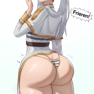 sousou no frieren, frieren, superbusty, ass, ass focus, butt crack, closed eyes, elf, female, from behind, huge ass, long hair, open mouth, pointy ears, shiny