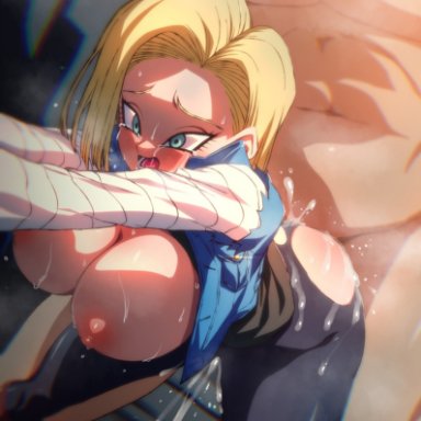 dragon ball, android 18, rom, 1boy1girl, blonde, blonde female, blonde hair, blonde hair female, blue eyes, blue eyes female, cameltoe, cleavage, curvy, erect nipples, female