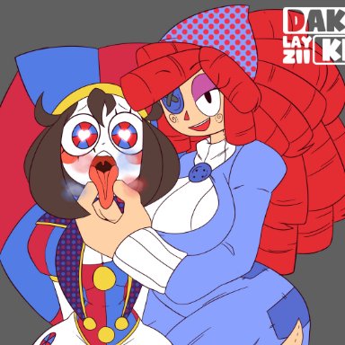 the amazing digital circus, pomni, ragatha, dakkii, big breasts, breasts, brown hair, button eyes, doll, dress, female, gloves, heart-shaped pupils, jester, jester costume