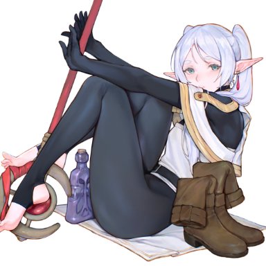 frieren beyond journey's end, sousou no frieren, frieren, iuui, barefoot, blue eyes, boots, boots removed, crouching, feet, gloves, leggings, legs, legs up, long hair