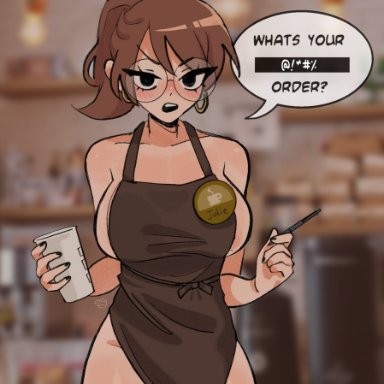 scott pilgrim, julie powers, megrocks, 1girls, apron, apron only, bare shoulders, barista, big breasts, blush, blushing, breasts, brown hair, brunette hair, busty