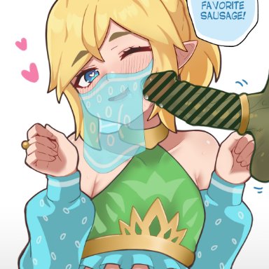 the legend of zelda, ganondorf, gerudo link, link, link (breath of the wild), 2boys, blush, dark-skinned male, elf ears, erection, femboy, hashitea, heart-shaped pupils, hearts, imminent fellatio