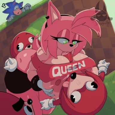 sega, sonic (series), amy rose, knuckles the echidna, sonic the hedgehog, ugandan knuckles, darkingart, anthro, big breasts, black nose, breast play, breasts, clothing, curvaceous, curvy