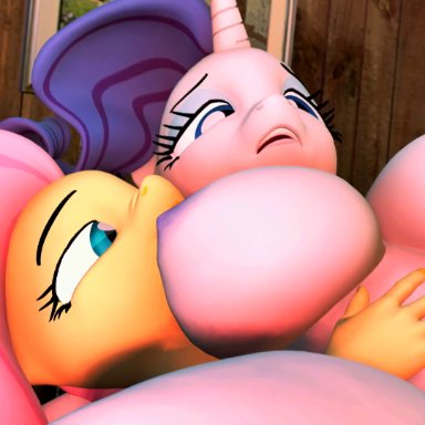 friendship is magic, hasbro, my little pony, fluttershy (mlp), rarity (mlp), sfmoclock, anthro, anthro on anthro, anthro penetrated, anthro penetrating, anthro penetrating anthro, areola, balls, bouncing balls, breasts