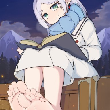 sousou no frieren, frieren, softhanten, 1girls, barefoot, book, boots removed, clothed, earrings, elf, elf ears, elf female, feet, female, foot fetish