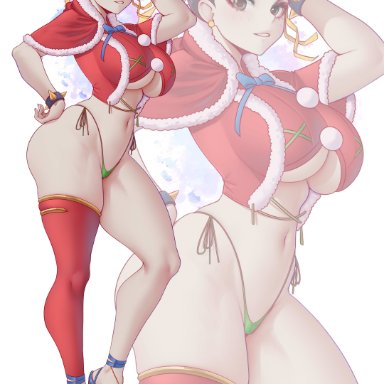 capcom, christmas, street fighter, chun-li, melowh, 1girls, breasts, brown hair, female, huge breasts, light skin, light-skinned female, long legs, thick thighs, twin buns