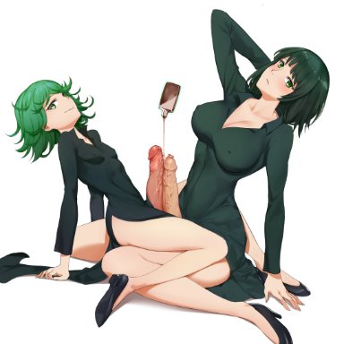 one-punch man, fubuki (one-punch man), tatsumaki, 1235, 2futas, big penis, foreskin, frottage, futa on futa, futa only, futanari, green eyes, green hair, horny, huge cock