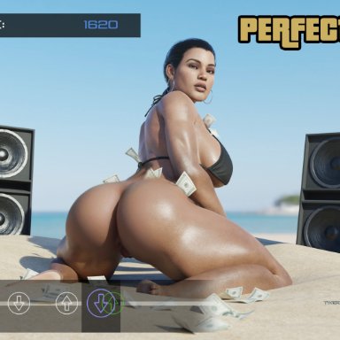 grand theft auto, grand theft auto vi, rockstar games, lucia (gta), batesz, beach, big ass, latina, mommy, money, naked, pose, sexy pose, sitting, twerking