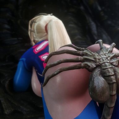 alien (franchise), metroid, nintendo, facehugger, samus aran, sarah bryant (model), zero suit samus, noname55, alien, blonde hair, bouncing breasts, breasts, cavern, fellatio, fellatio gesture