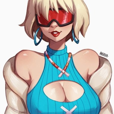 fortnite, fortnite: battle royale, evie (fortnite), magaska19, 1girls, blonde hair, blue sweater, boob window, breasts, collar, earrings, female, female only, glasses, hair ornament