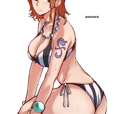 one piece, one piece film strong world, nami, aosora2823, aosora5088, 1girls, ass, big ass, bikini, breasts, cleavage, dat ass, necklace, solo, solo female