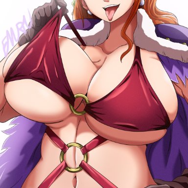 one piece, beast pirates (cosplay), nami, emuryu1530, 1girls, breasts, brown eyes, curvaceous, curvy, earrings, female, female focus, gloves, hand on hip, huge breasts