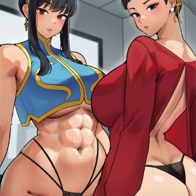 capcom, spy x family, street fighter, street fighter 6, chun-li, yor briar, yor forger, cromwellb, 2girls, abs, ass, black hair, breasts, brown eyes, brown hair