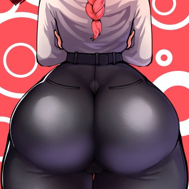 chainsaw man, makima (chainsaw man), penpen (artist), abstract background, ass, back, black pants, braid, cameltoe, crossed arms, female, huge ass, long hair, long sleeves, pants