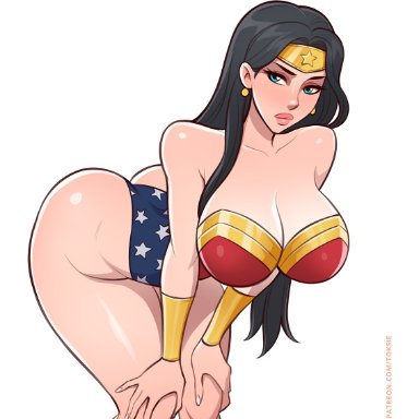 dc, dc comics, wonder woman (series), diana prince, wonder woman, toksie, bending over, black hair, cleavage, down blouse, hands on knees, huge breasts