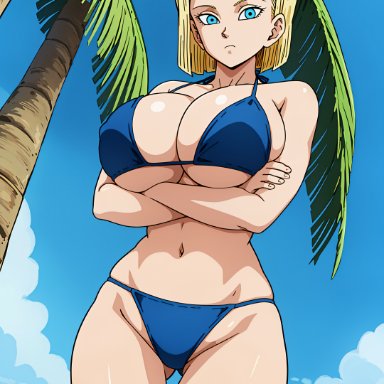 dragon ball, dragon ball super, dragon ball z, android 18, panda ai, panda-ai, 1girls, arms crossed, beach, big breasts, bikini, blonde female, blonde hair, blue eyes, crossed arms