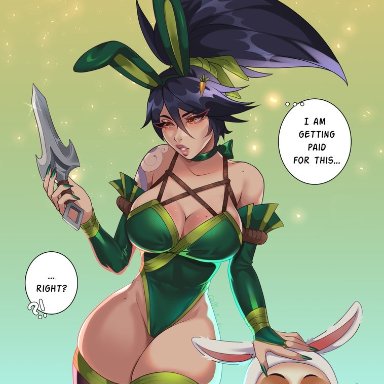 league of legends, akali, cottontail teemo, teemo, mambolina, big breasts, black hair, breasts, bunny ears, bunny girl, bunnysuit, female, female only, simple background, solo female