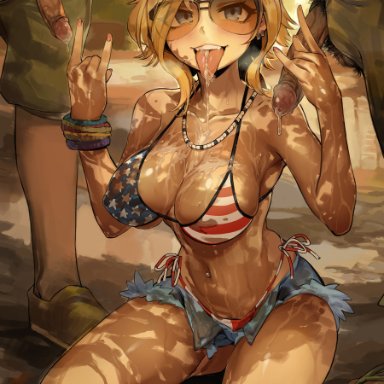 grand theft auto, grand theft auto vi, mud girl (gta), pollenoxide, \m/, 2boys, american flag bikini, bikini, black headwear, black pubic hair, blonde hair, blue eyes, breasts, brown-tinted eyewear, cum