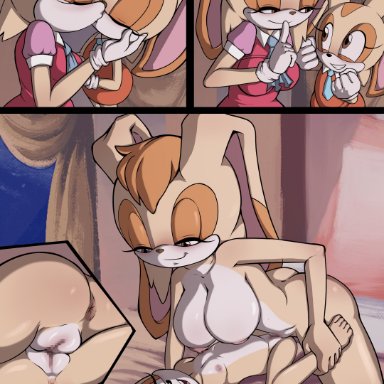 sonic (series), sonic the hedgehog (series), cream the rabbit, mobian (species), vanilla the rabbit, g reaper, gr, 2girls, age difference, anthro, big breasts, blush, breasts, cub, daughter