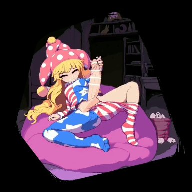 touhou, clownpiece, namako (takorin), takorin, 1futa, american flag, american flag legwear, american flag shirt, areolae, arm support, balls, ballsack, big balls, big cock, big penis