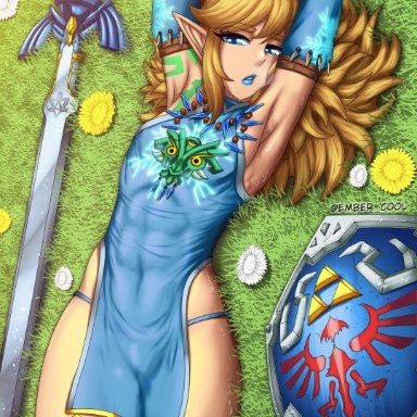 tears of the kingdom, the legend of zelda, frostbite link, link, ember cool, 1boy, armpits, blonde hair, blue eyes, clothing, crossdressing, femboy, frostbite set (zelda), glossy lips, lipstick