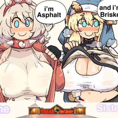 guilty gear, guilty gear strive, bridget, elphelt valentine, notnoe (dxcl), :), 2girls, accessory, aqua eyes, big breasts, blonde hair, blue eyes, blush, breasts, cleavage