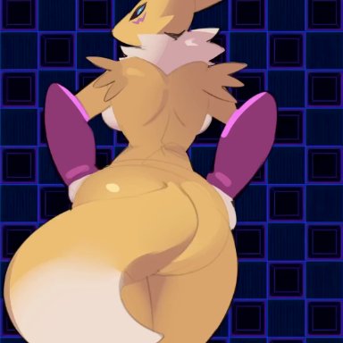 digimon, renamon, zinnick, anthro, ass, ass focus, breasts, dipstick ears, dipstick tail, fox, fur, furry, looking at viewer, mob face, monster girl