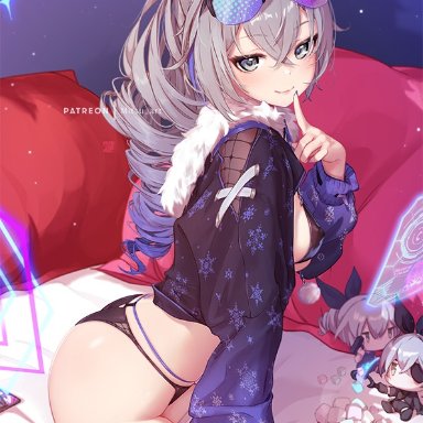 honkai (series), honkai: star rail, mihoyo, silver wolf (honkai: star rail), mitsu art, 1girls, female, female focus, female only, grey eyes, grey hair, looking at viewer, no pants, thighhighs