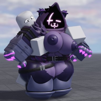 fortnite, fortnite: battle royale, roblox, raven team leader, robloxian, caffinatedbuns, :3, 1boy, 1girls, holding breast, smug