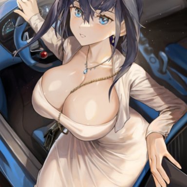 hololive, hololive english, hololive english -council-, hololive english -promise-, ouro kronii, artist request, 1girls, blue eyes, blue hair, breasts, cleavage, dress, female, huge breasts, light skin