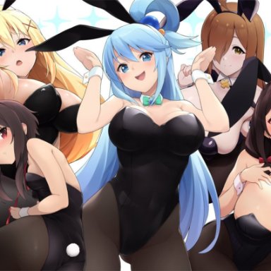 aqua (konosuba), darkness (konosuba), megumin, wiz (konosuba), yunyun (konosuba), jampen, 5girls, amber eyes, armpits, big breasts, blonde hair, blue eyes, blue hair, blush, breasts