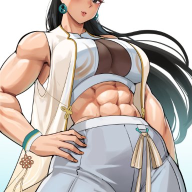 street fighter, street fighter 6, chun-li, cromwellb, 1girls, abs, asian, asian female, athletic, athletic female, big breasts, breasts, chinese, chinese female, exposed midriff