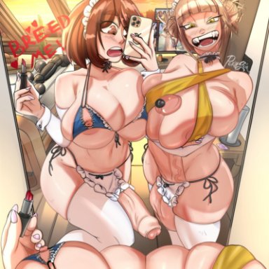 my hero academia, himiko toga, ochako uraraka, poxygon, 2futas, areolae, autopaizuri, balls, bikini, blonde hair, blush, breasts, brown eyes, brown hair, clothed