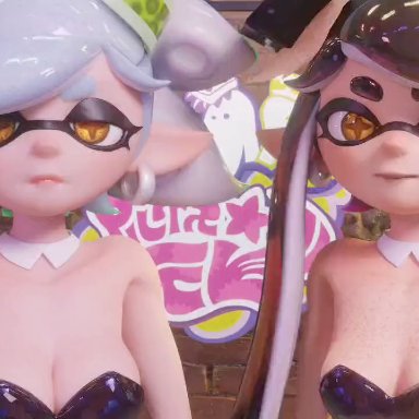 splatoon, callie (splatoon), inkling, marie (splatoon), squid sisters, dubious butter, 2girls, clothed, female, kissing, kissing pov, kissing viewer, looking at viewer, pov, pov kiss