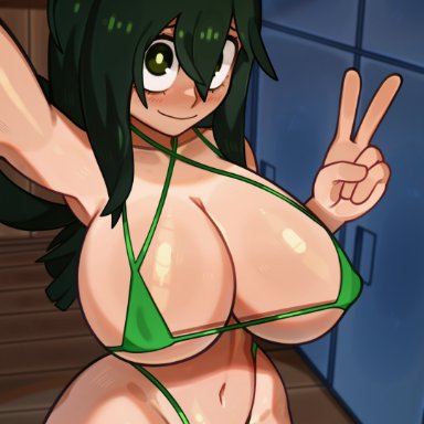 my hero academia, tsuyu asui, melonpuff, 1girls, big breasts, bikini, breasts, busty, eyebrows, female, female only, green hair, light skin, light-skinned female, long hair