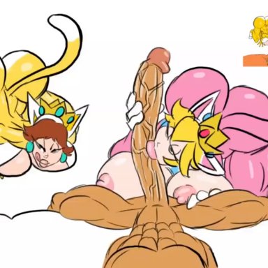 mario (series), nintendo, super mario 3d world, super mario bros., cat daisy, cat peach, princess daisy, princess peach, sun1sol, 2girls, big ass, big breasts, bigtraffee, blowjob, bodysuit