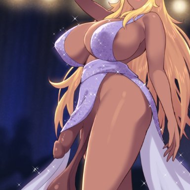 original, opera brest, original character, zheng, 1futa, balls, blonde hair, breasts, clothed, clothing, dark skin, dark-skinned futanari, dress, flaccid, futa only