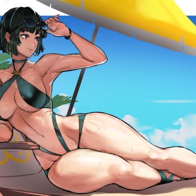 one-punch man, fubuki (one-punch man), juaagacgy, 1girls, arm up, armpits, beach, beach umbrella, bikini, bracelet, breasts, choker, cleavage, cloud, cup