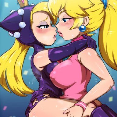 mario (series), mario tennis, princess peach, wapeach, cotonus, 2girls, ass, blonde hair, blue eyes, breasts, breath, covered nipples, cross cutout, crown, dress