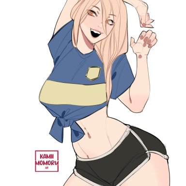 chainsaw man, power (chainsaw man), kamii momoru, bocajuniors, curvy, football uniform, looking at viewer, voluptuous